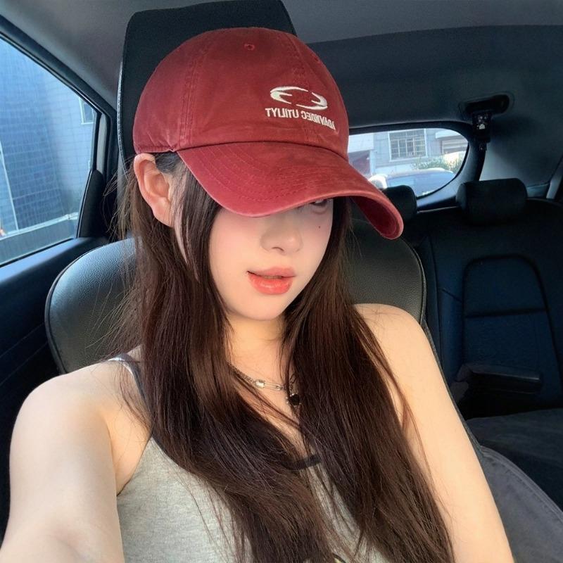 Letter Embroidery Red Soft Top Baseball Cap Women's Wide Brim Big Face Small Face Hat Big Head Circumference Peaked Cap