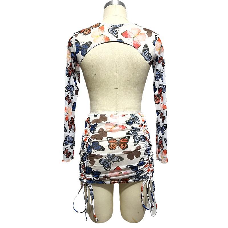 2024 European & American Butterfly Print Drawstring 4-Piece Sexy Women's Bikini Swimwear