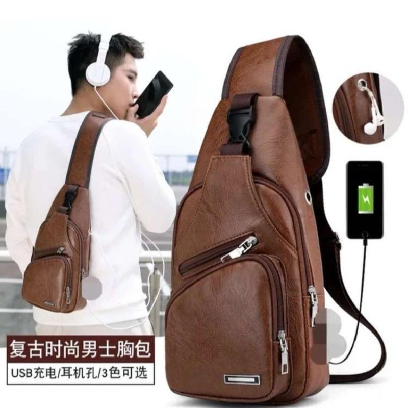 New casual men's shoulder bag outdoor sports usb charging breast bag men's pu business messenger bag