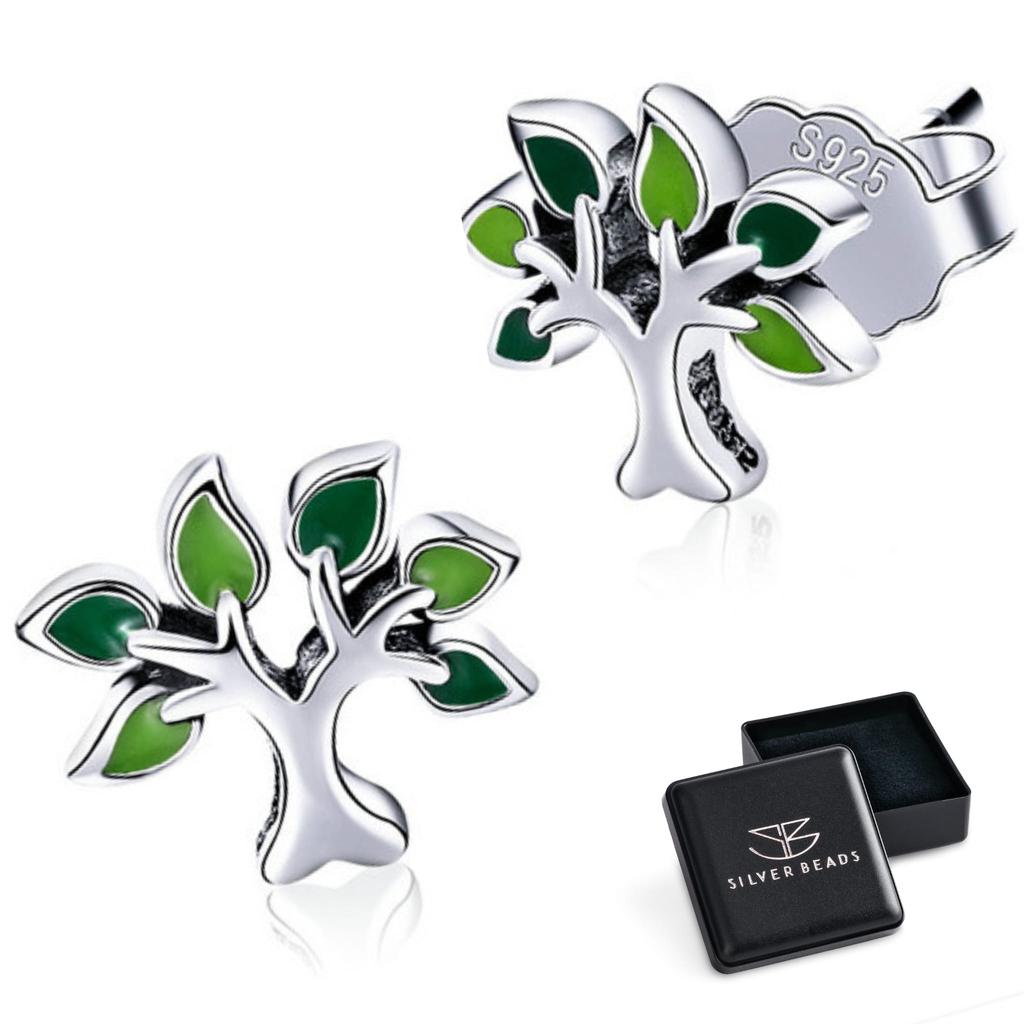 Silver Earrings Green TREES Studs Silver 925 As a Gift
