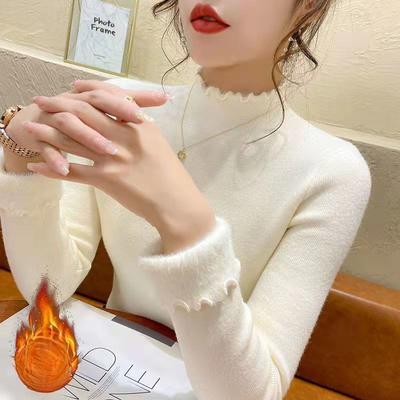 Damen Herbst Winter Slim-Fit Basisschichtpullover mit integriertem Fleecefutter Halbochkragen Verdickter Pullover im koreanischen Stil