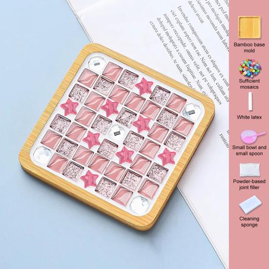 DIY Glass Mosaic Tile Coaster Set Mixed Color Mosaic Kit with Wooden Coaster Kids Adults Handmade Mosaic Crafts Coaster with Accessories