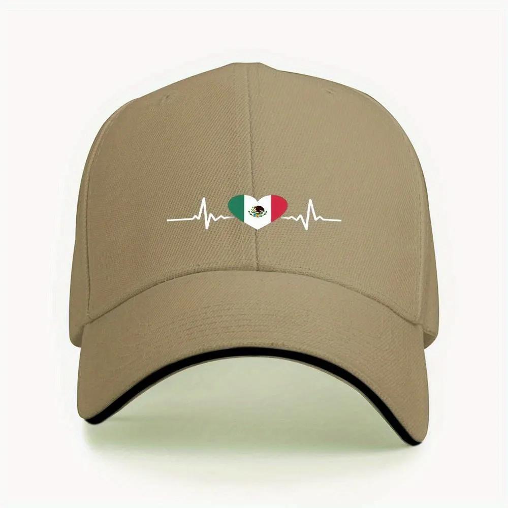 Mexican Flag Heartbeat ECG Line Baseball Cap Patriotic Tricolor Polyester Adjustable Casual Outdoor Cap