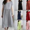 Women's Mid-Length Cotton Linen Dress - Round Neck, Short Sleeve, Solid Color, Pleated, Loose-Fit Casual Design