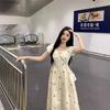 Coffee break French bubble sleeve dress women's summer new small waist temperament floral dress