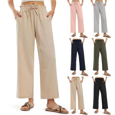 Women's Fashion Solid Color Cotton Hemp Loose Drawstring Pleated Pocket Wide Leg Pants Casual Pants