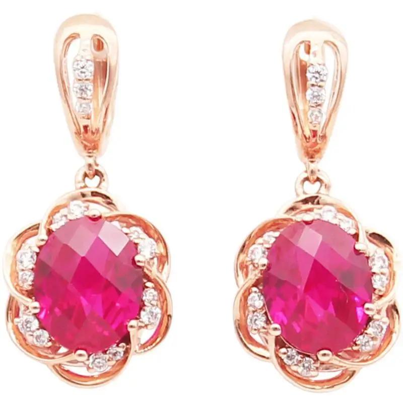 Exquises Boucles d'Oreilles Fleur Rubis de Luxe pour Femmes Plaqué Or Rose Cuivre Incrusté Ovale Mode Boucles d'Oreilles Mariage Zircon Cadeau