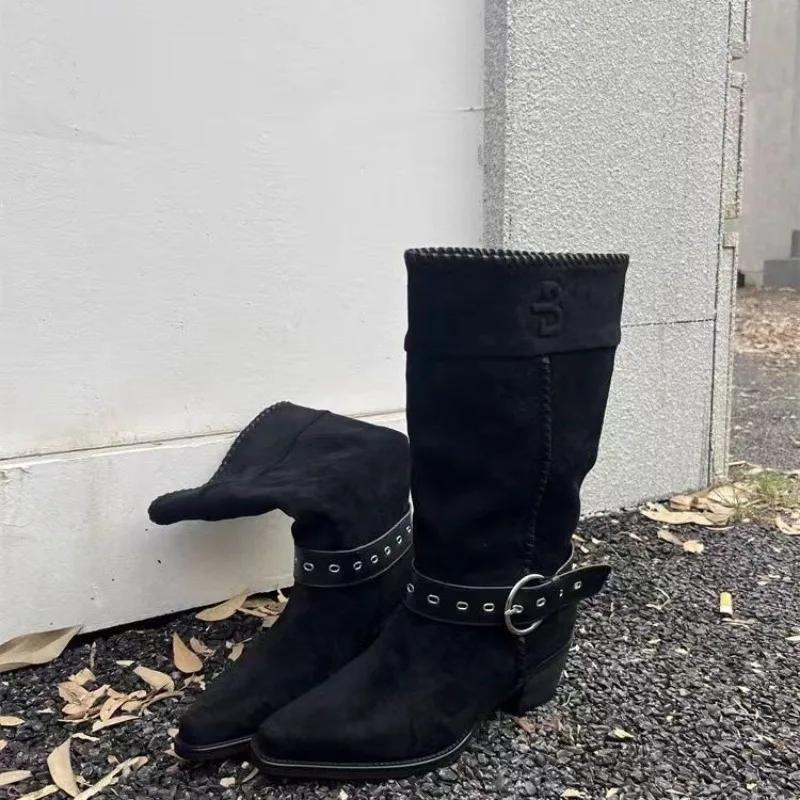 Fashion Women's 2025 New Fashion Mid-leg Boots Long-leg Knight Boots Block Heel Pointed Toe Cowhide Western Pile Boots