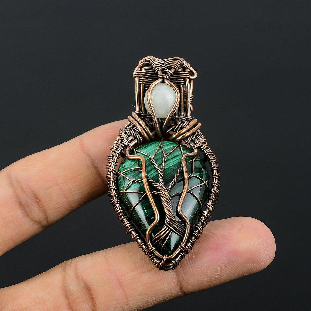 Malachite & Rainbow Moonstone Pendant, 999 Copper Wire Wrapped Pendant Jewelry. Gift For Women Handmade Pendant Gemstone Jewelry