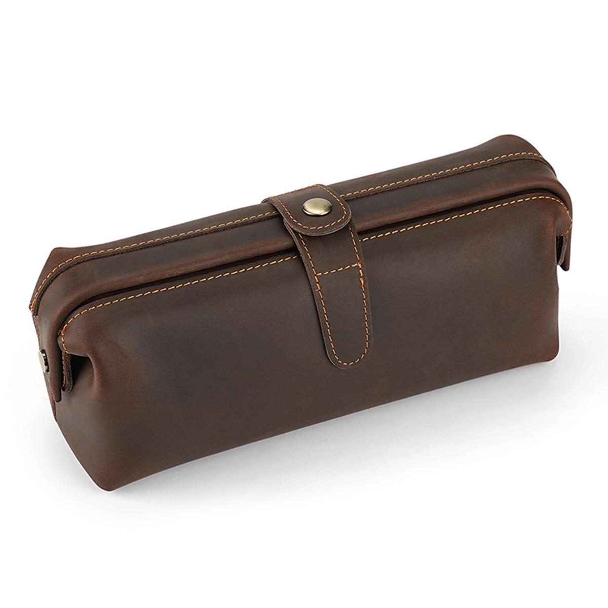 Head Layer Cowhide Office School Pencil Bag Multi Functional Handbag Retro Leather Storage Bag