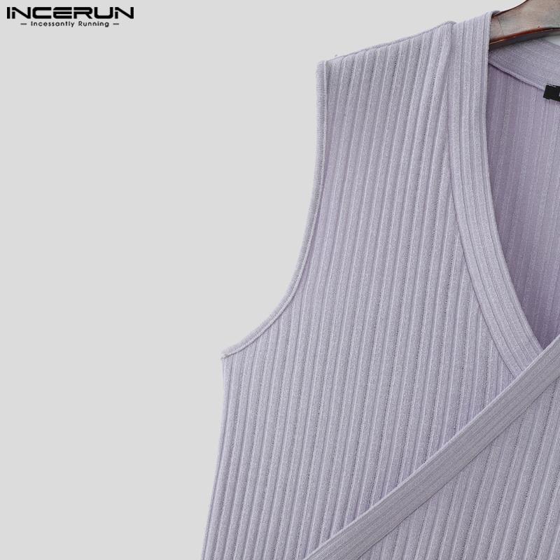INCERUN Summer Men V Neck Front Cross Solid Rib Casual Tank Tops Undershirts