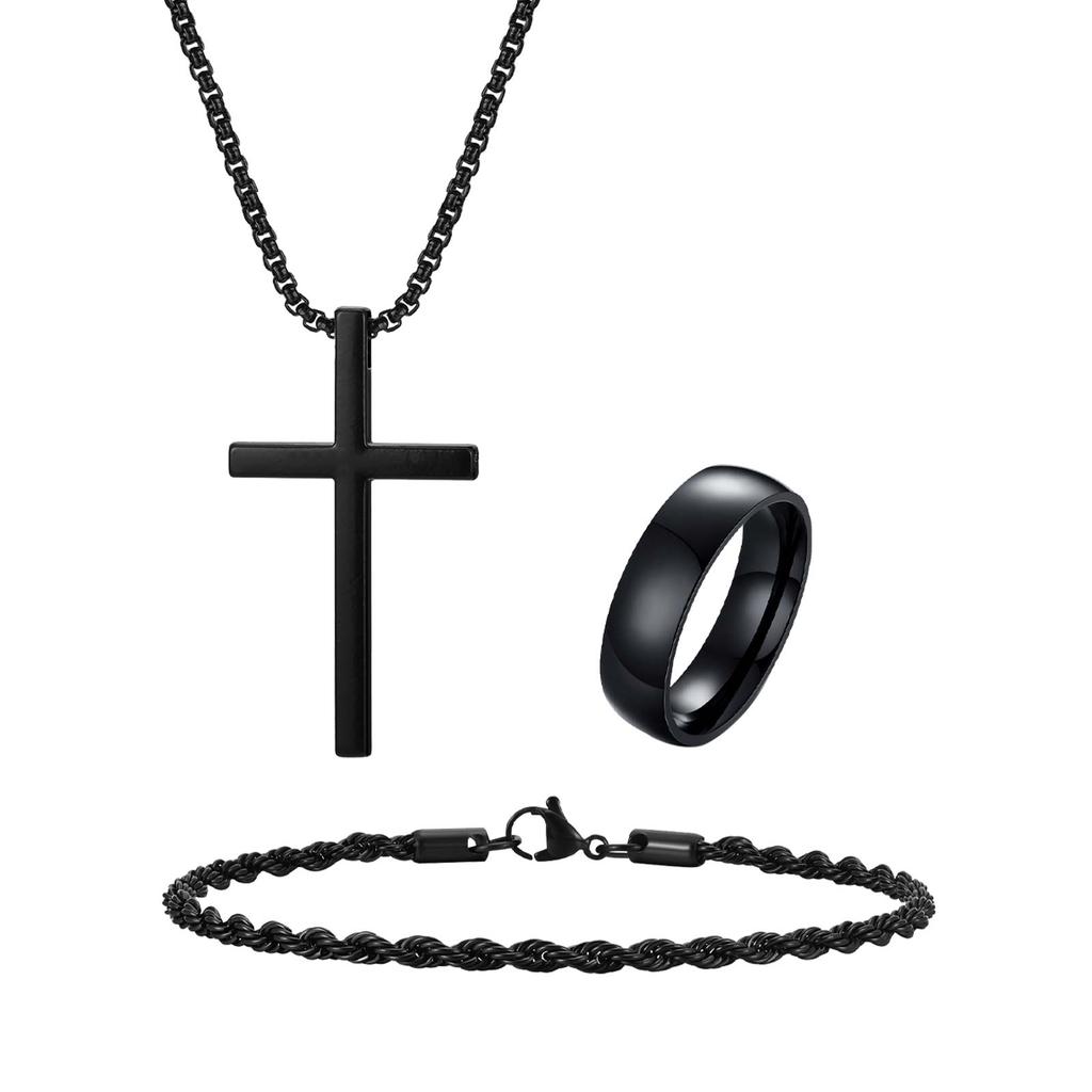 Vnox Men's Cross Pendant Necklace Classic Wedding Rings Rope Chain Bracelet Jewelry Set, Jewelry Set Gift for Dad Son Husband