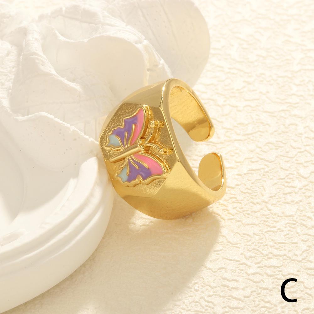Copper-Plated 18K Gold Enamel Butterfly Adjustable Wide Band Ring for Women