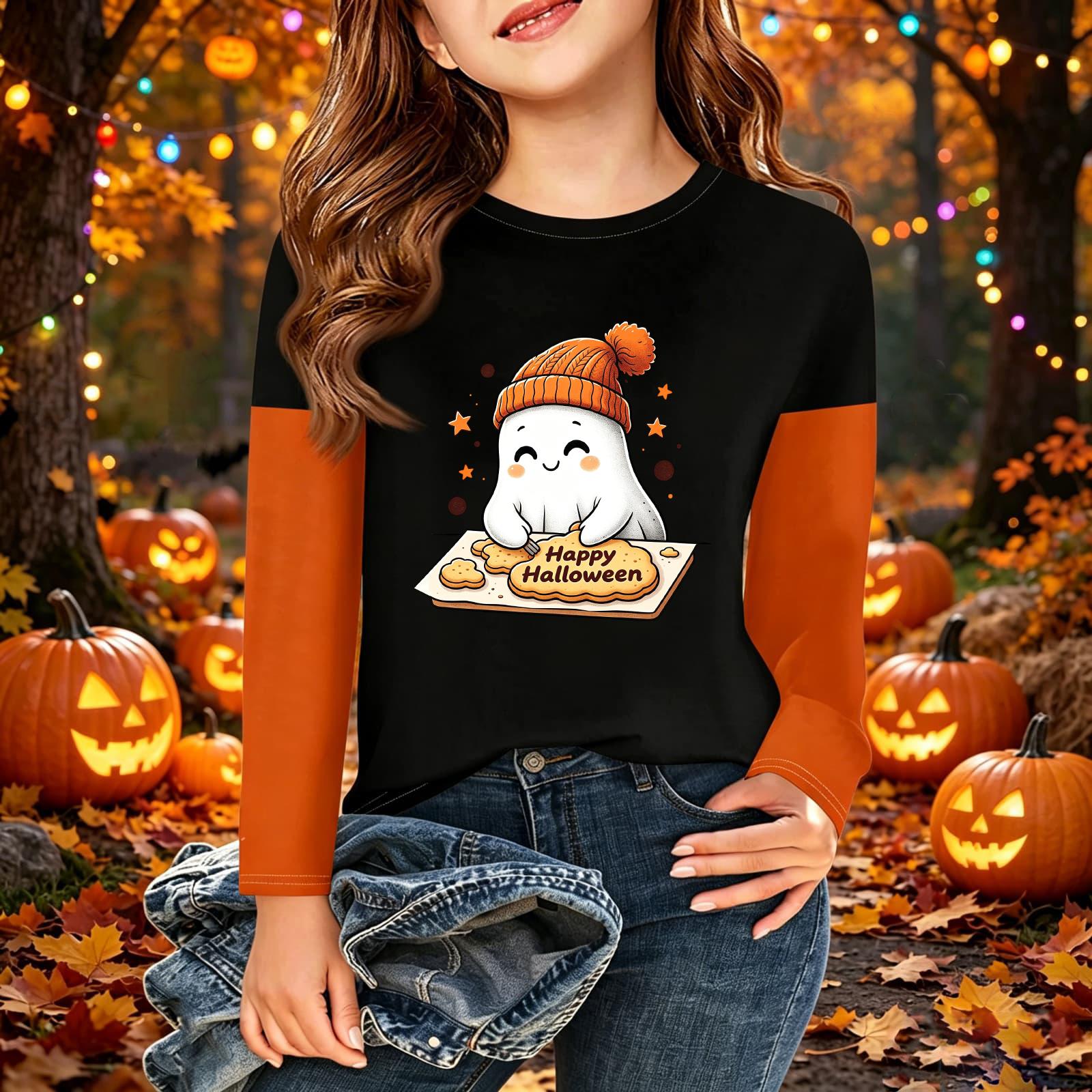 Children s Halloween Printed Long Sleeve Round Neck Casual Base Layer Shirt for Boys and Girls 110