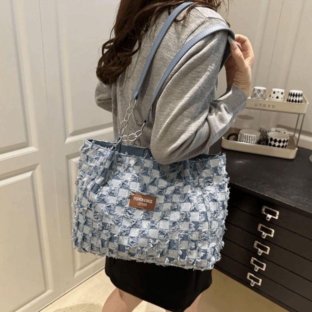 Plaid Women's Tote Bag Beggar Style Commuting Bags Korean Denim Shoulder Bags Ladies