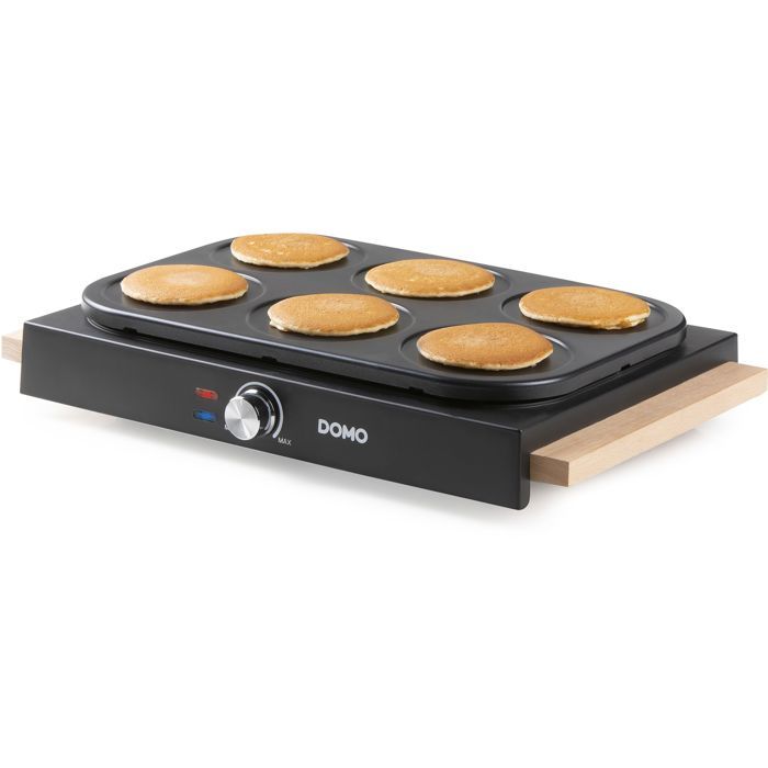 Crêpière - DOMO - DO8717P - 1000 W - Pour 6 Crêpes De Ø 11,5 Cm - Thermostat Réglable - Noir / Bois