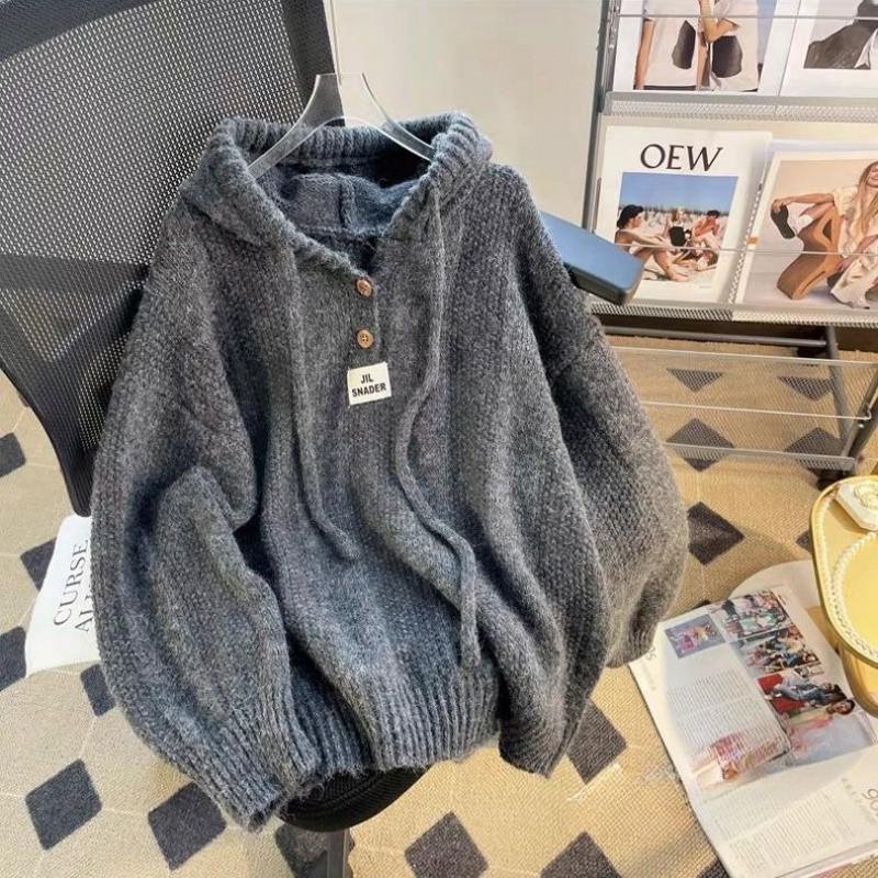 2026 Autumn/Winter Korean Loose Fit Hooded Sweater for Women - Soft, Thickened Knit with Drawstring.