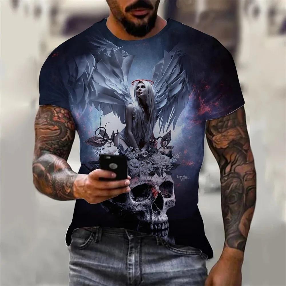 Men's Summer Skull Print T-Shirt Soft Breathable Round Neck Outdoor Street Style Casual Graphic Tee Comfort Top