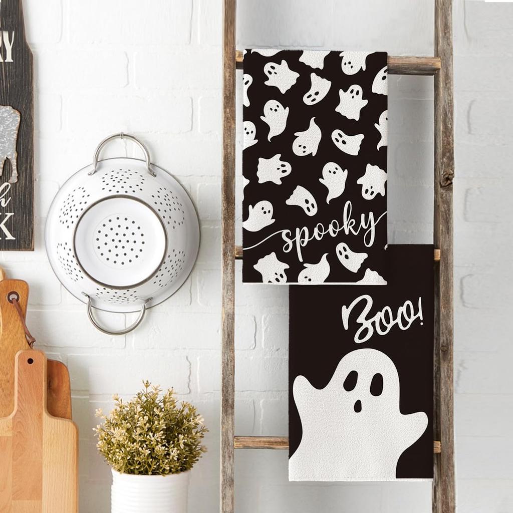 Artoid Mode Black Ghost Spooky Halloween Kitchen Towels Dish Towels, 18x26 Inch Boo Decoration Hand Towels Set of 2