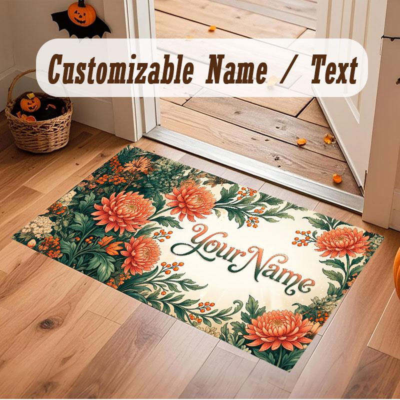 Floral Garden Theme Crystal Velvet Floor Rug Personalized Custom Name Text Warm Carpet Home Decoration