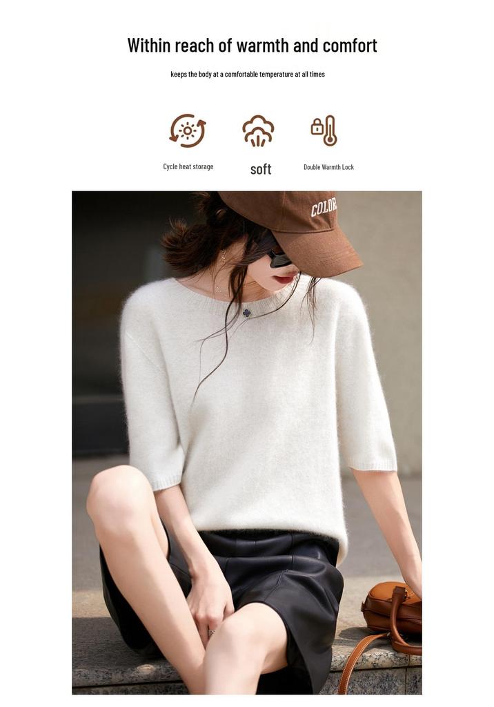 Seamless Round Neck Fleece Wool Half-Sleeve Women's Knit Top Sweater for Autumn/Winter