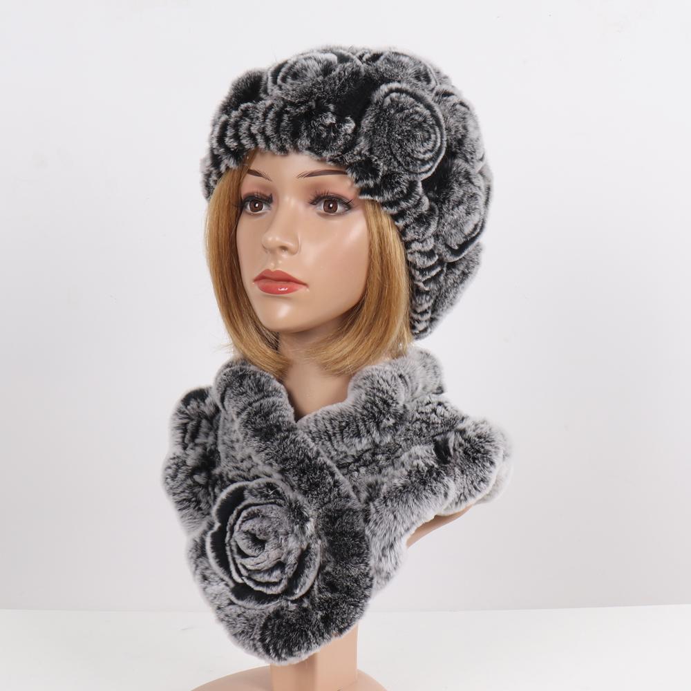 Нові Жіночі Зимові Хутряні Шапки Шарфи Набори Натуральні Теплі Справжні Шапки з Хутра Кролика Рекс Шарфи Леді В'язані Шапки з Натурального Хутра Шарф