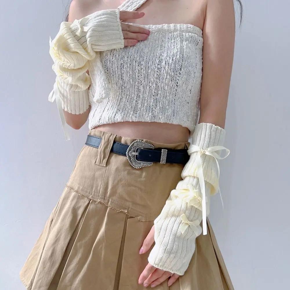 Thicken Arm Sleeves Female Y2K Fashion Arm Warmers Bowknot Soft Knitted Gloves Women Girl Half Finger Mittens Solid Color