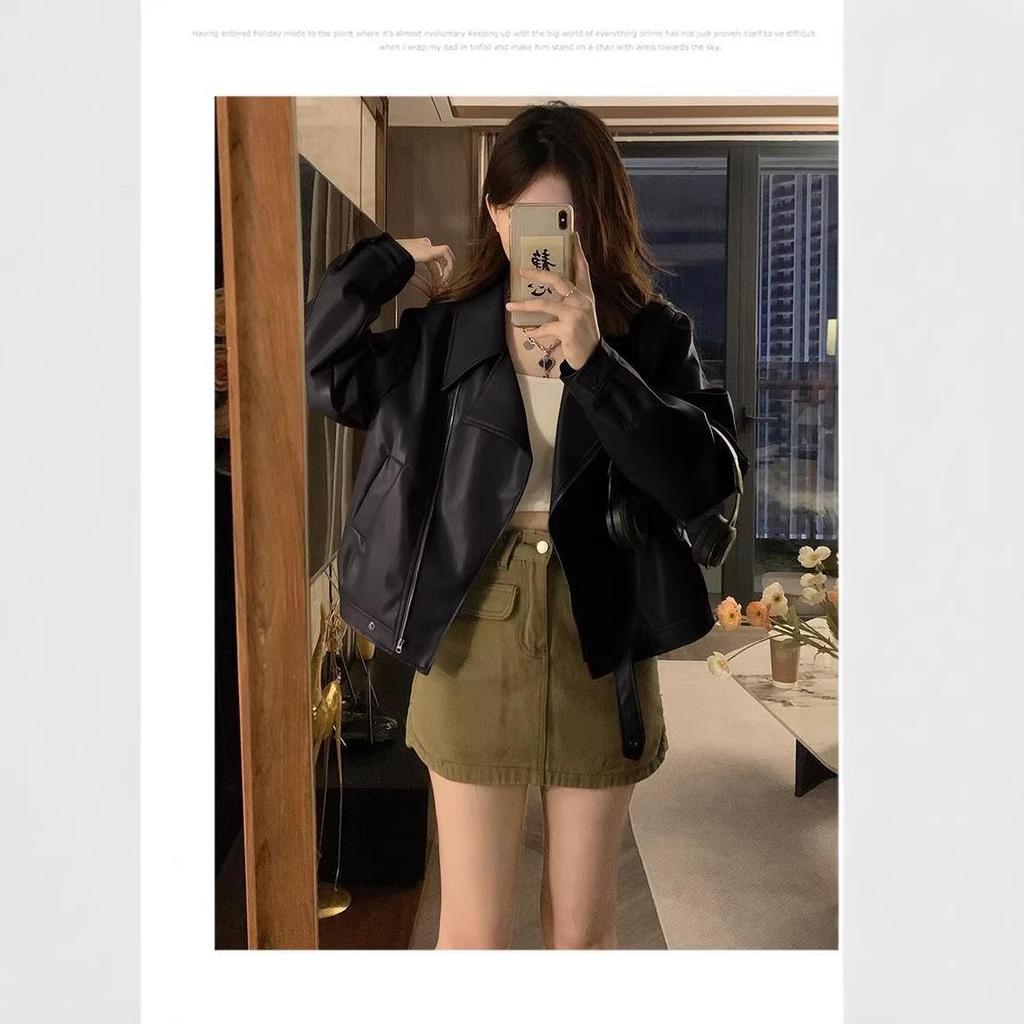 Women's Slimming PU Leather Jacket - Spring/Autumn, Lapel, Petite and Versatile Fashion