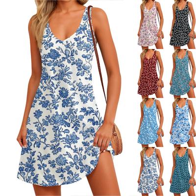 Damen Sommer Freizeit V-Ausschnitt Ärmellos Sommerkleid Blumenmuster Tankkleid