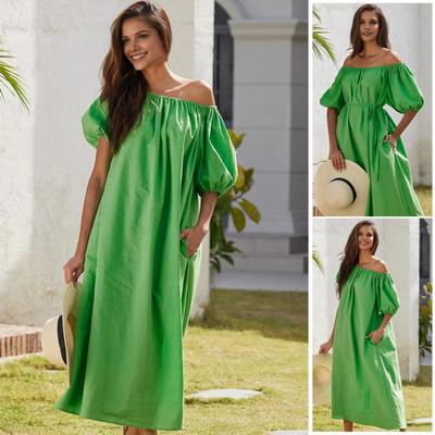 Women Dress Off Shoulder Short Bubble Sleeve Elastic Cuff Pleated Loose Solid Color Side Pockets Vacation Beach Midi Dress