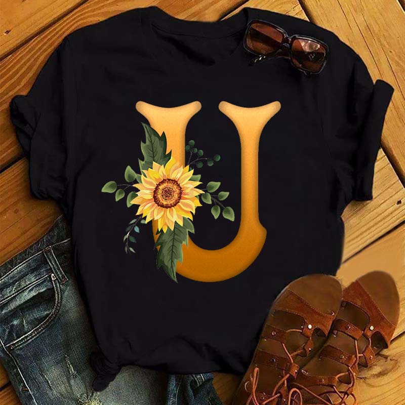 Maycaur Women's T Shirt Custom Name Letter Combination Print Tshirt Sunflower Letter Font A B C D E F G Short Sleeve Ladies Tops