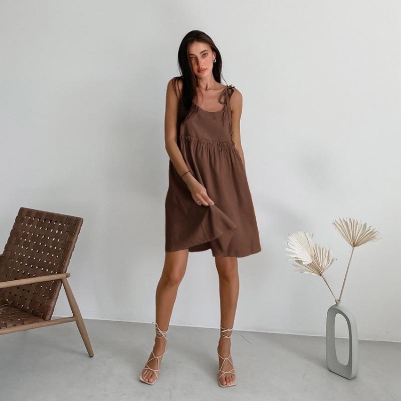 Ärmelloses Sommerkleid Locker A-Linie Mini Kurz Süße Mode Damen Spaghettiträger Partykleid Einfarbige Krawatte Rüsche Lässig Locker Falten Sommerkleid