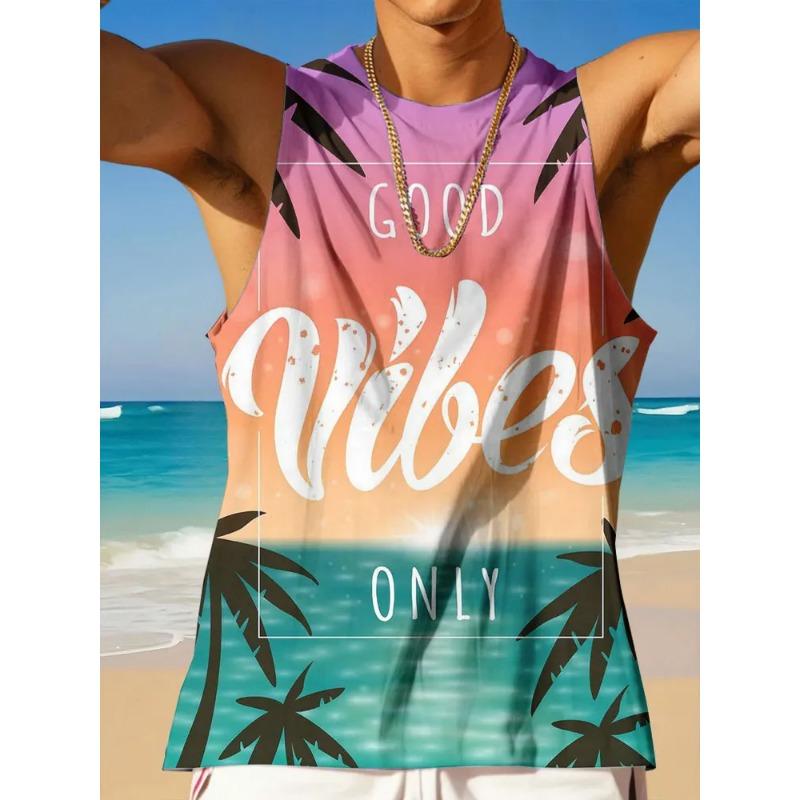 Summer Round Neck 3D Palm Leaf Printed Top Fashionable Casual Hawaiian Beach Sleeveless Vest Men's T-shirts