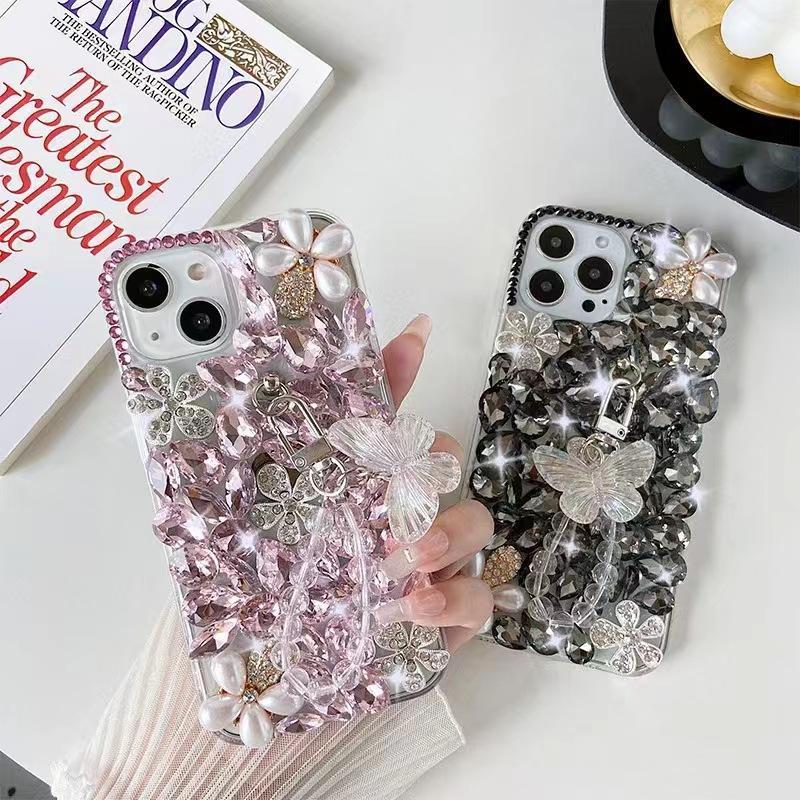 Applicable Apple 16PROMAX Pearl Diagonal Flower Mobile Phone Case Apple 16/15/17 Crystal Butterfly Bracelet 16P