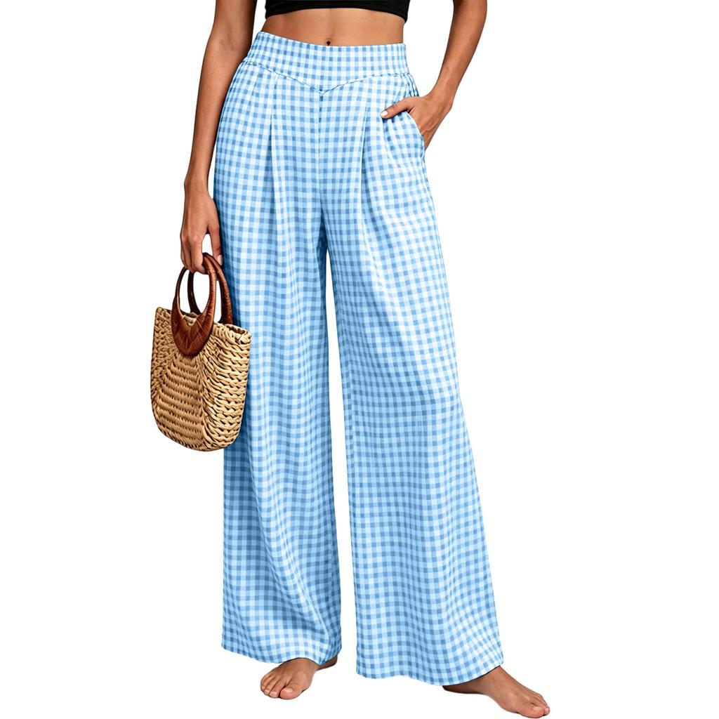 Women's Plaid Wide Leg Pants with Elastic Waist and Pockets for Casual Loose Fit