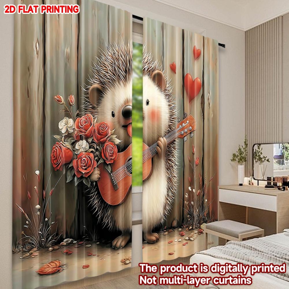 Hedgehog Guitar Curtains Flat Digital Print Blushing Animal Playing Music Red Roses Cozy Living Room Decor Set Of 2 Made Polyester Area