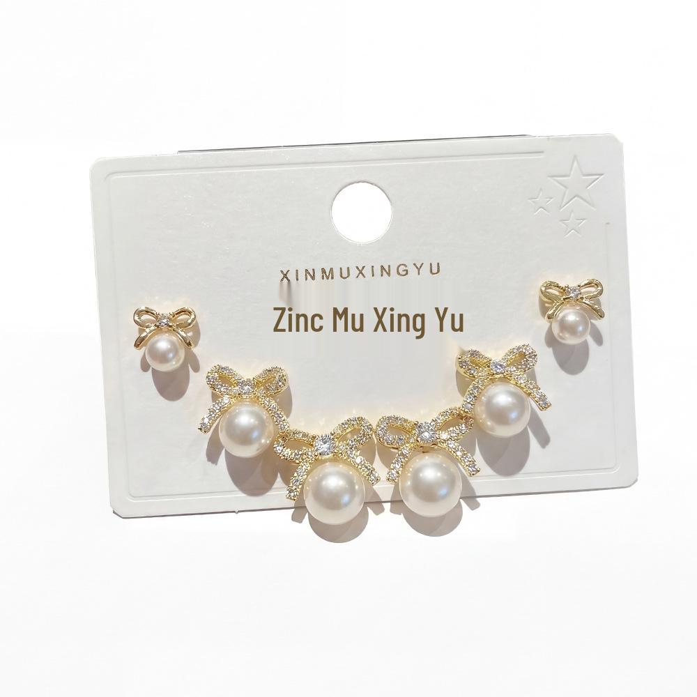 2026 Exquisite Bow & Pearl Stud Earrings Set - Three Pairs for Women