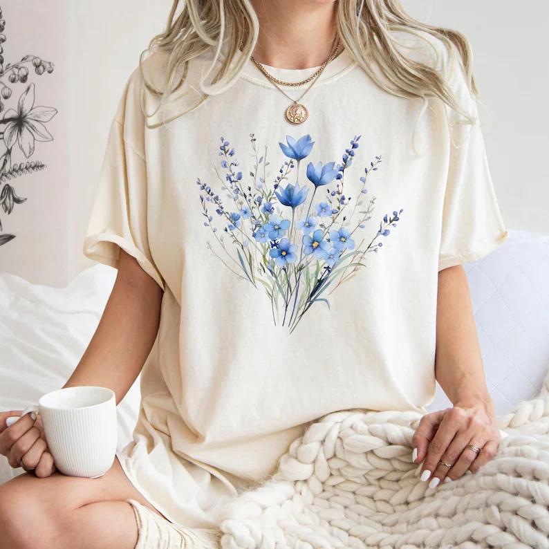 Blue Flower Bouquet Aesthetic Floral Spring Graphic T T-Shirt 4XL