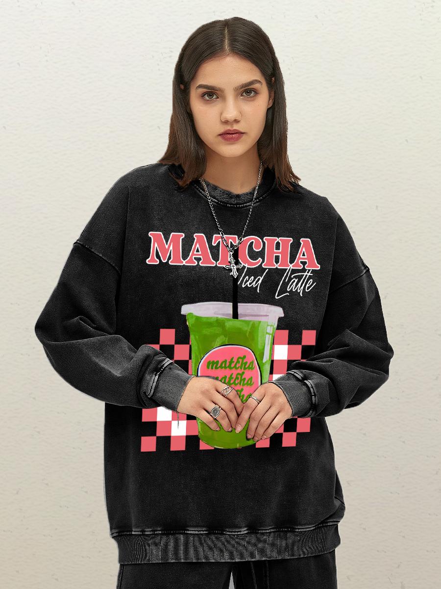 

Matcha Green Iced Drink Prints Women Washed Sweatshirt Oversize Cotton Pullover Street Autumn Clothes Casual O-Neck Sportswear 3XL