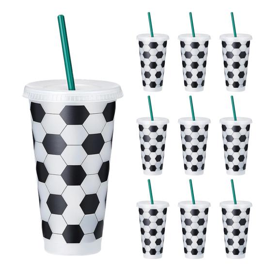 Soccer Plastic Cup with Straw, Football Shaped Cold Drink Tumbler, 710ml Capacity Reusable Soda Cup for Game Day, Fan Party