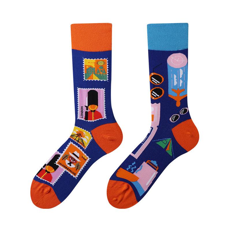 Unisex A/B Style Asymmetrical Cartoon Mid-Calf Cotton Socks