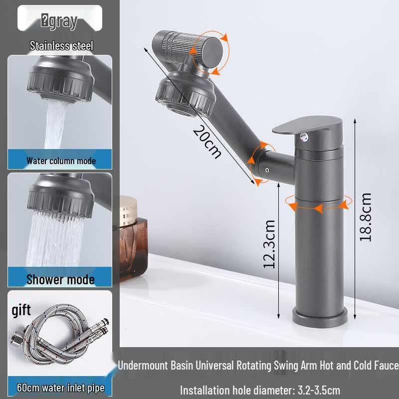 Tai Ju Fu Gunmetal Grey Rotating Bathroom Basin Faucet