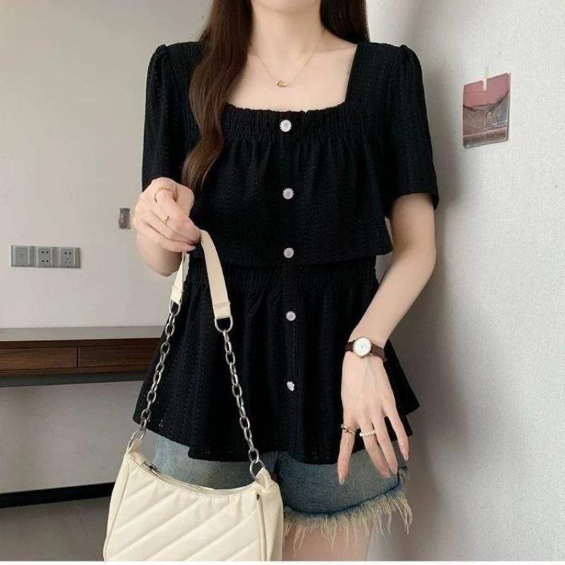 Women's Waist Cinched Short Sleeved T-shirt Square Collar Hollowed Out Design Tops Korean Minimalist Lady Clothing