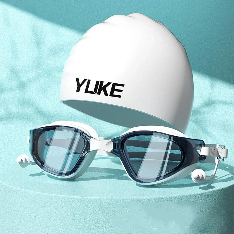 Adult Swim Goggle Cap Unisex HD Anti-fog Swimming Goggle Set Waterproof Silicone Swim Glasses with Earplugs Anti-UV Swim Eyewear