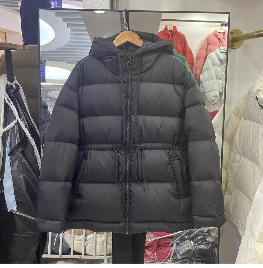 Women's Winter Autumn Hooded White Duck Down Jacket Coat Loose Solid Color Big Pocket Adjustable Waist Down Coat