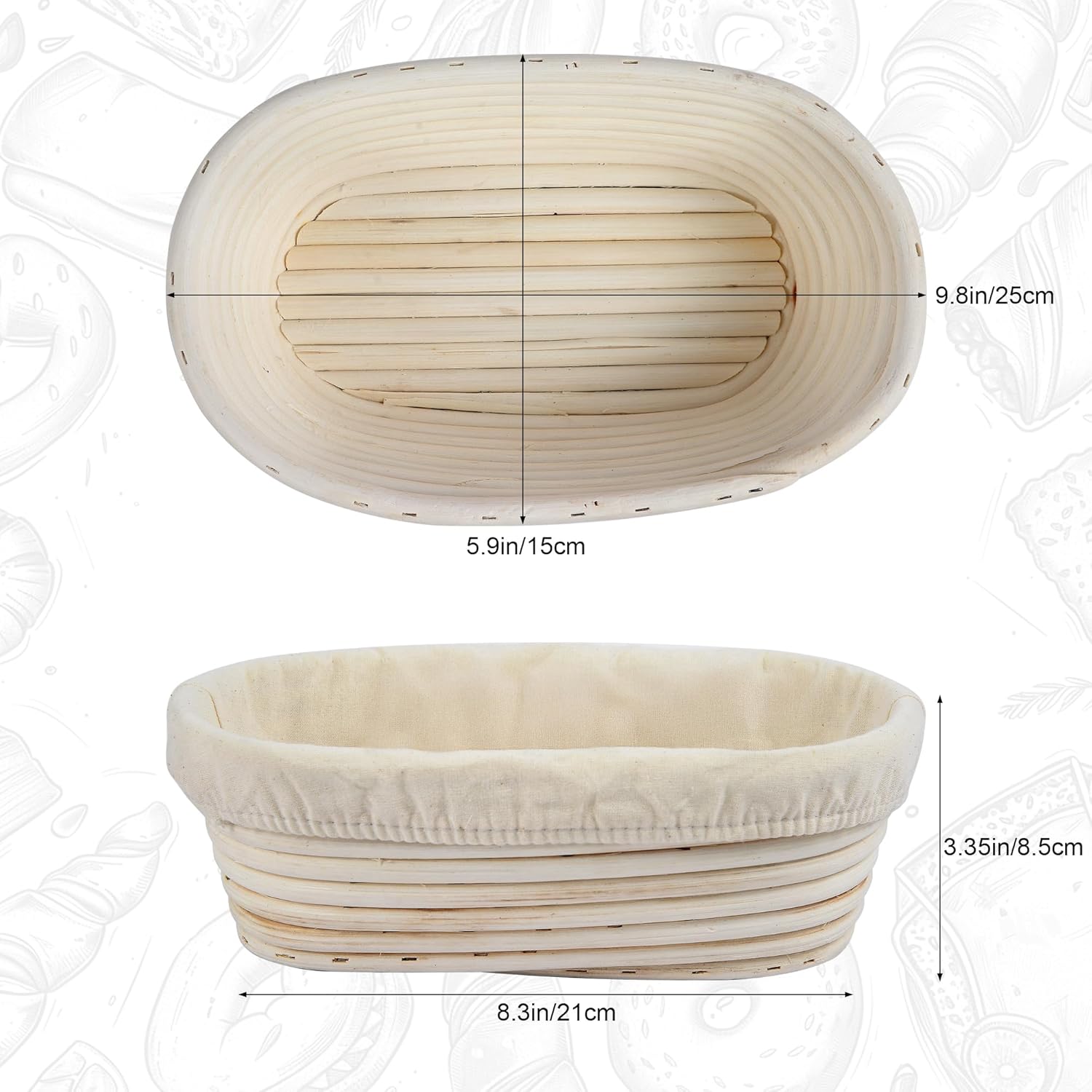 3Pcs Banneton Bread Proofing Basket, 10 inch Oval Banneton Basket,Sourdough Proofing Basket,Bread Bowl Handmade Rattan Baskets and Liners for