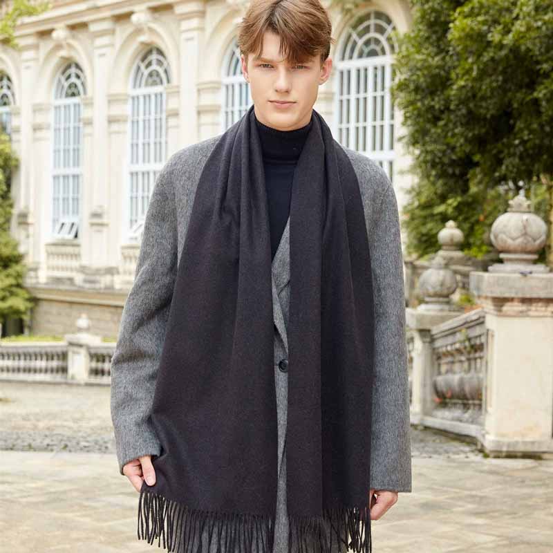 Fular Gros de Lână Culoare Solidă Unisex Fular de Iarnă cu Franjuri de Cașmir Cald Rezistent la Vânt Înfășurare Plaid pentru Femei & Bărbați