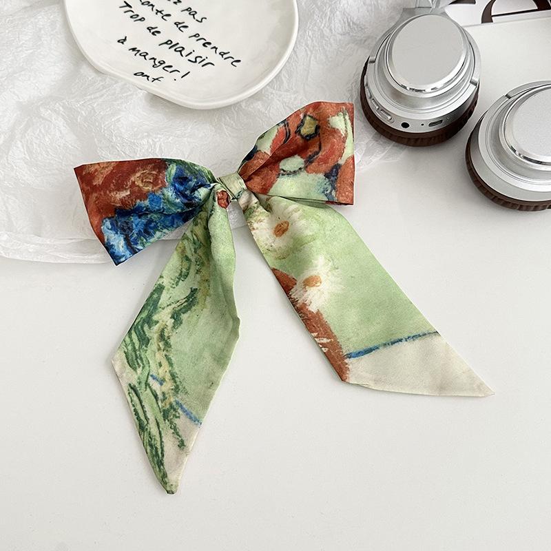 

Голубой шелковый шарф, длинная полоса, новая мода, стиль масляной живописи, бант, повязка на голову, заплетенные волосы, завязанная сумка, стример, многоцелевой поясной шелковый шарф.