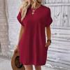 Women Casual Solid Color Round Neck Bat Sleeve Invisible Pocket Loose Short Sleeved Dress