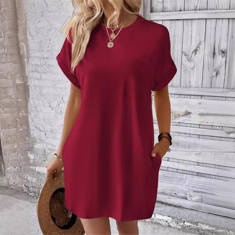 Women Casual Solid Color Round Neck Bat Sleeve Invisible Pocket Loose Short Sleeved Dress